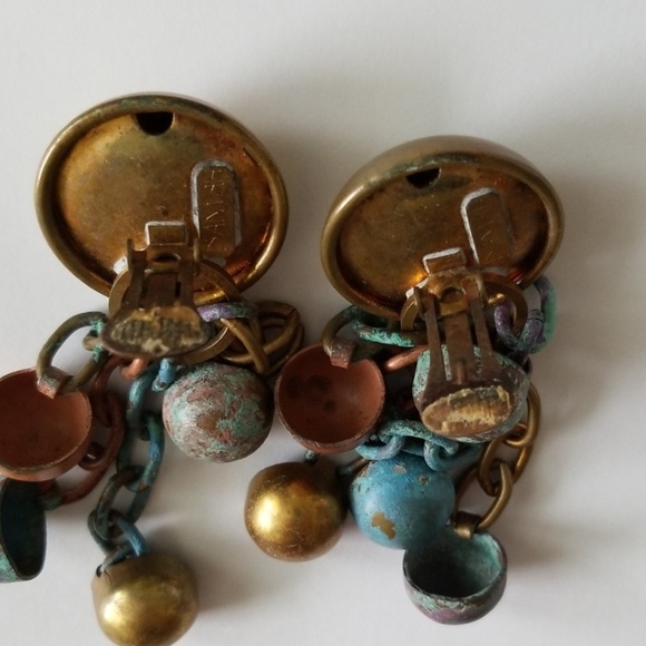 Dannah Designer Dangling Clip On Copper Brass Patina Link Handmade Earrings - Picture 8 of 16